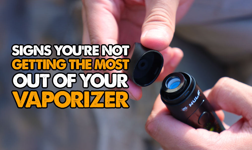 text with headline title on left with hands holding Wulf vaporizer on right side of image