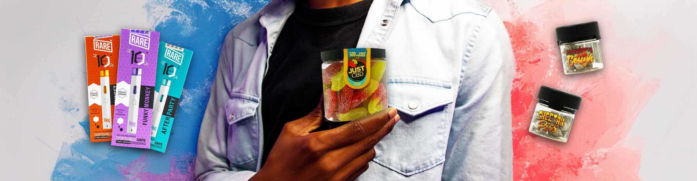 Gotvape Retail CBD gummies, disposables, and cartridges laying down on black office table