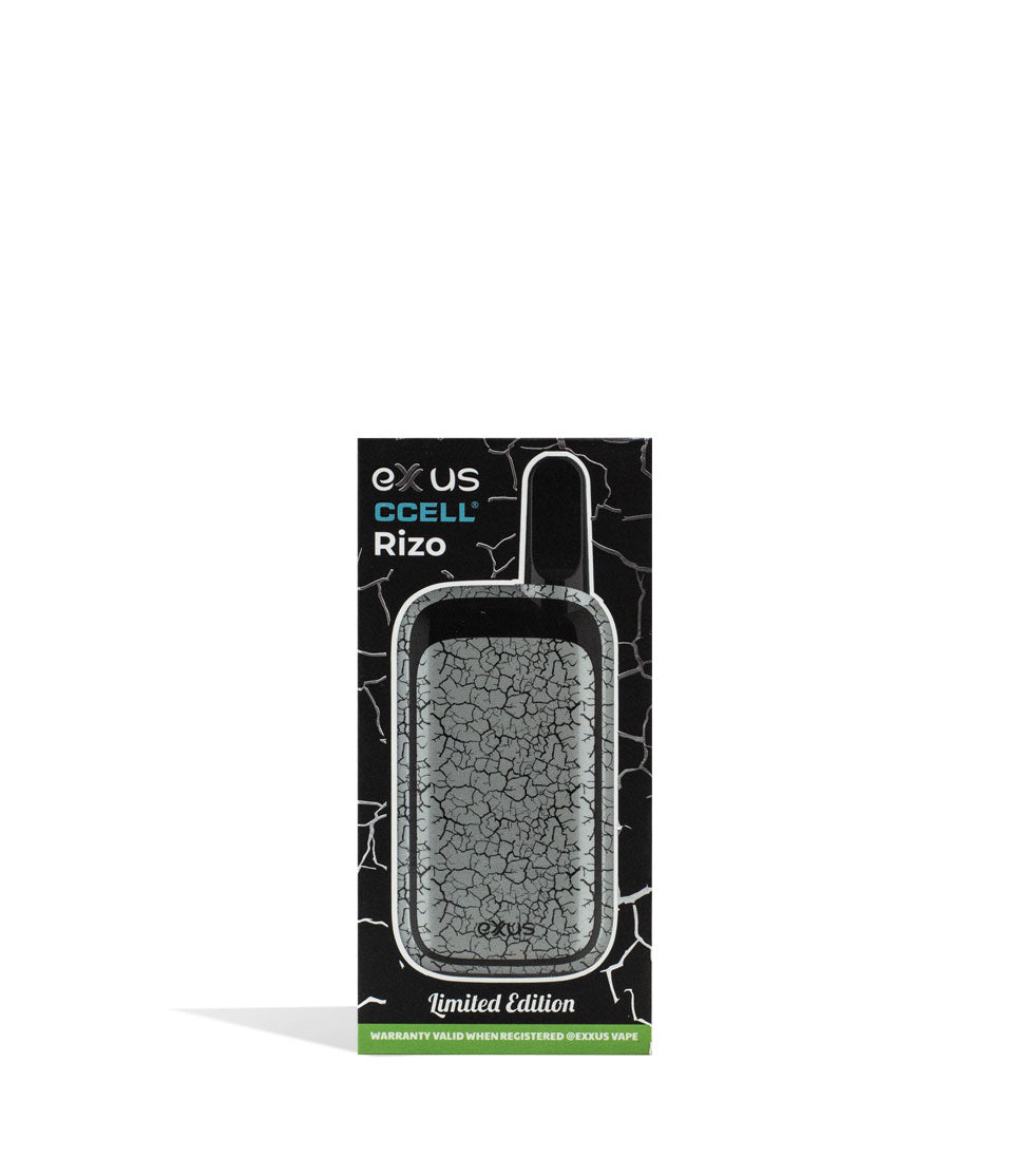 White Black Crackle packaging Exxus Vape Rizo Cartridge Vaporizer on White Background