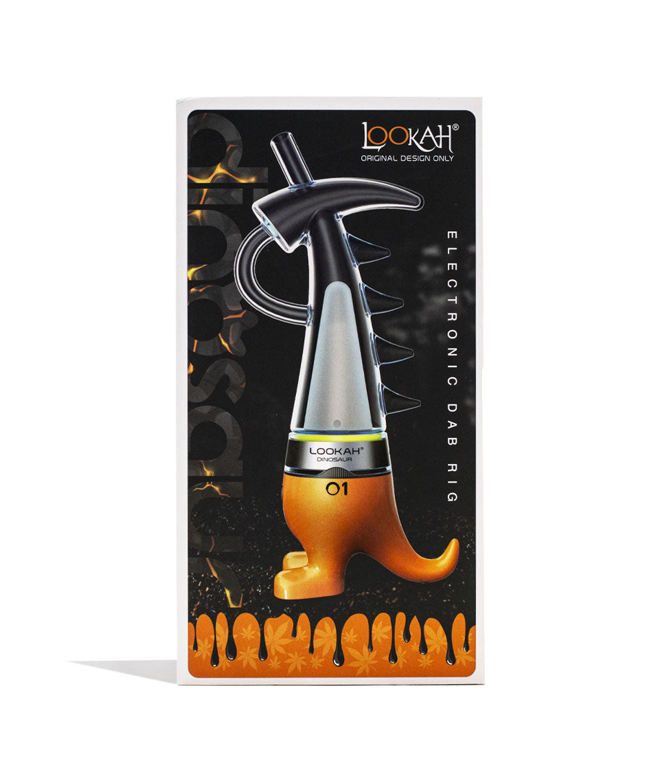 Orange Lookah Dinosaur Electronic Dab Rig Packaging Front View on White Background
