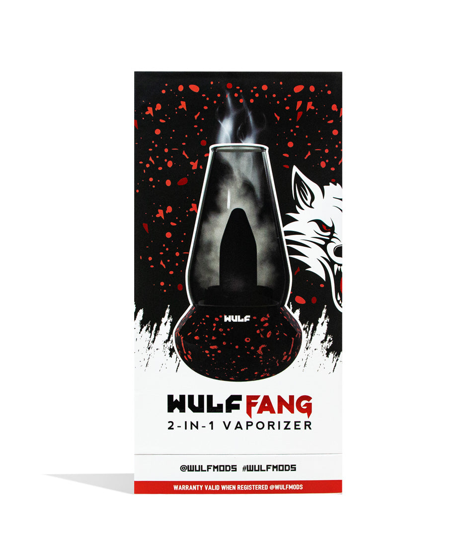 Black and Red Spatter Wulf Mods Fang 2-in-1 Vaporizer front box view on white background