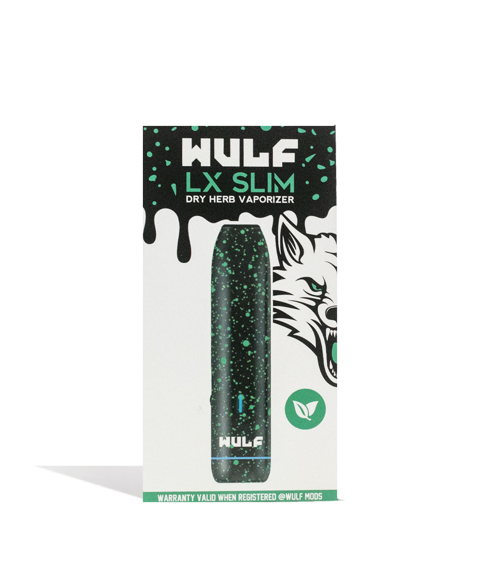Black Green Spatter Wulf Mods LX Slim Portable Dry Herb Vaporizer Packaging on white background