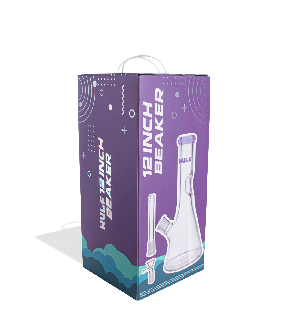 Purple Wulf Mods 7mm 12inch Beaker Water Pipe Packaging Angle View on White Background