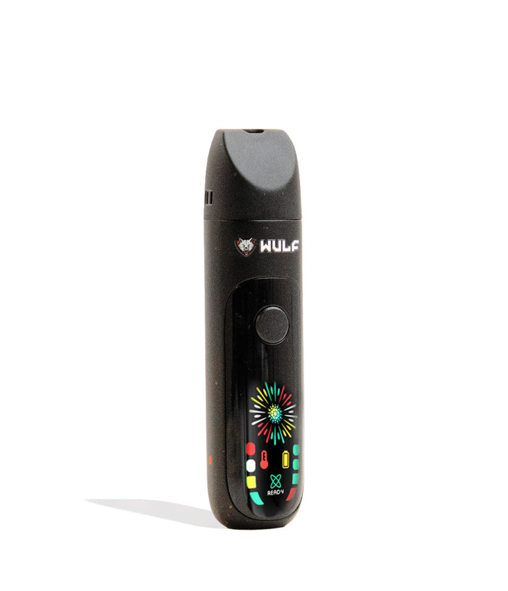 Black-Red Spatter Wulf Mods Budr Portable Concentrate Vaporizer Angle View on White Background
