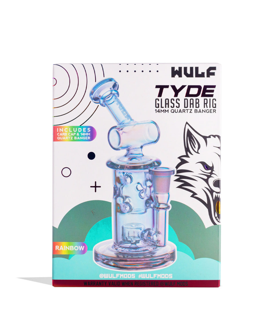 Full Color Wulf Mods Tyde 14mm Dab Rig with Quartz Banger Packaging on white background