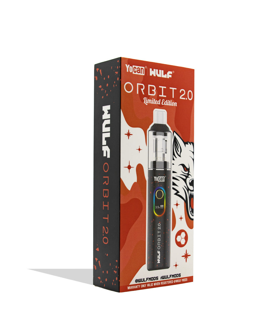 box side Wulf Mods Orbit 2.0 in black red spatter color on white background