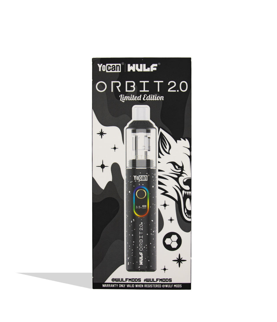 box front Wulf Mods Orbit 2.0 in black red spatter color on white background