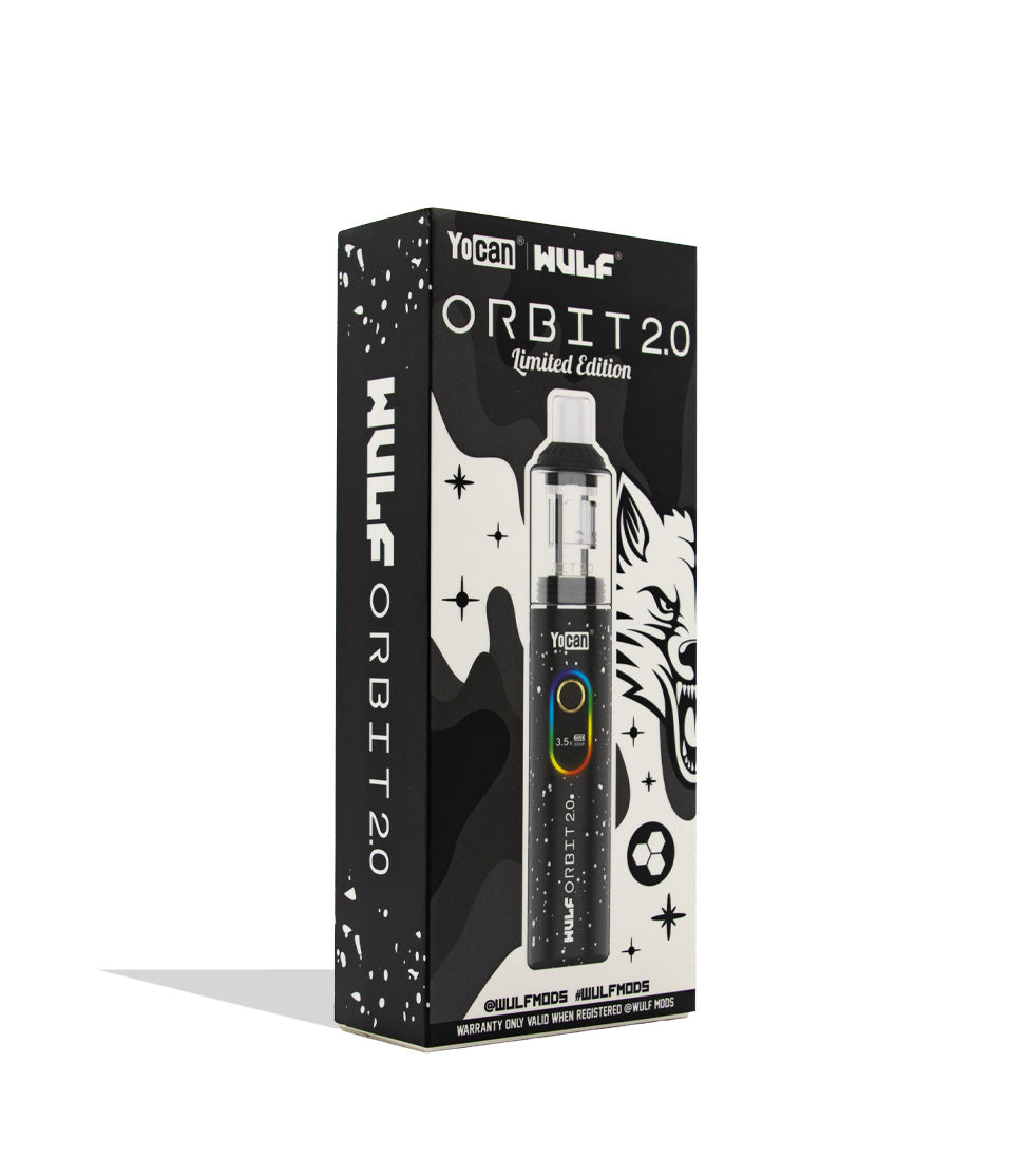 box side Wulf Mods Orbit 2.0 in black red spatter color on white background