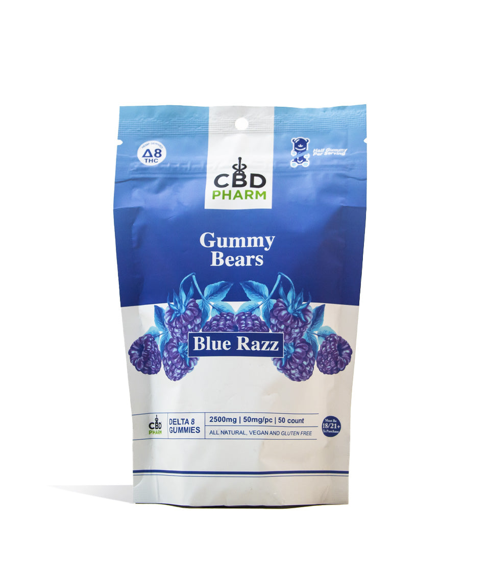 Blue Razz CBD Pharm 2500mg D8 Gummies on white studio background