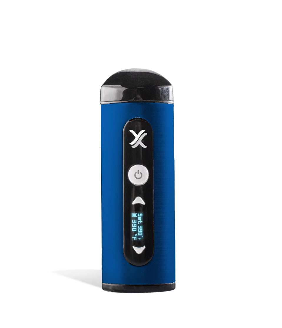 Blue front view Exxus Vape Mini Vaporizer on white studio background