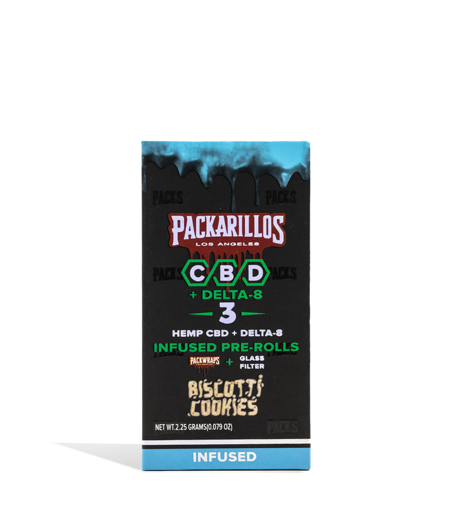 Biscotti Cookies Packarillos CBD D8 Pre Rolls 3pk on white studio background
