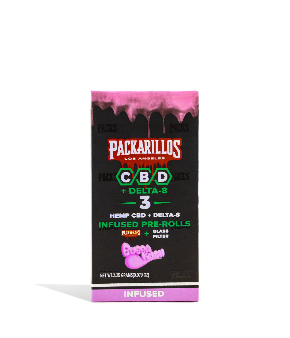 Bubba Kush Packarillos CBD D8 Pre Rolls 3pk on white studio background