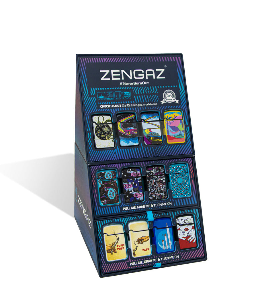 ZL-12 angle Zengaz Lighter POP Display 48pk on white studio background